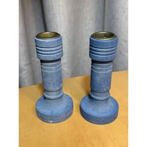 Pair Of Vintage Wooden Blue Dixie Bobbin Candle Stick Holders 4.5" tall